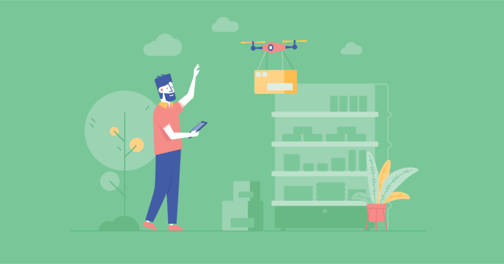 A man experiences outsourcing retail digital transformation in the form of drone delivery