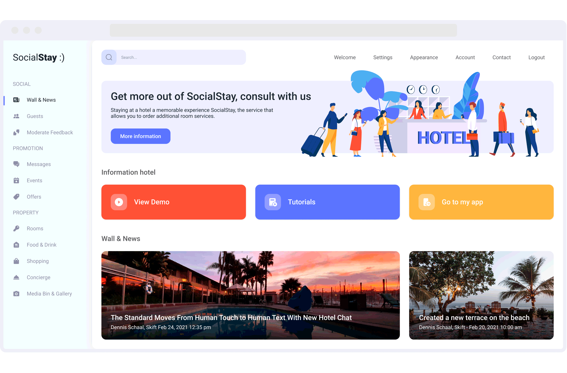 Home page for SocialStay, a web solution providing hotel guests with interactive services