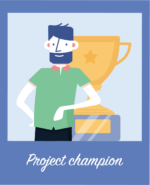 A man representing the project champion stands by a trophy when working to start a bespoke dev project