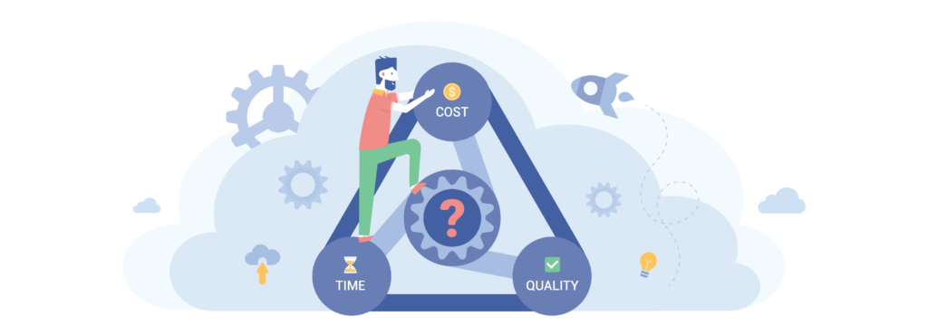 A man adjusts the gears of cost, time and quality in the iron triangle of project management.